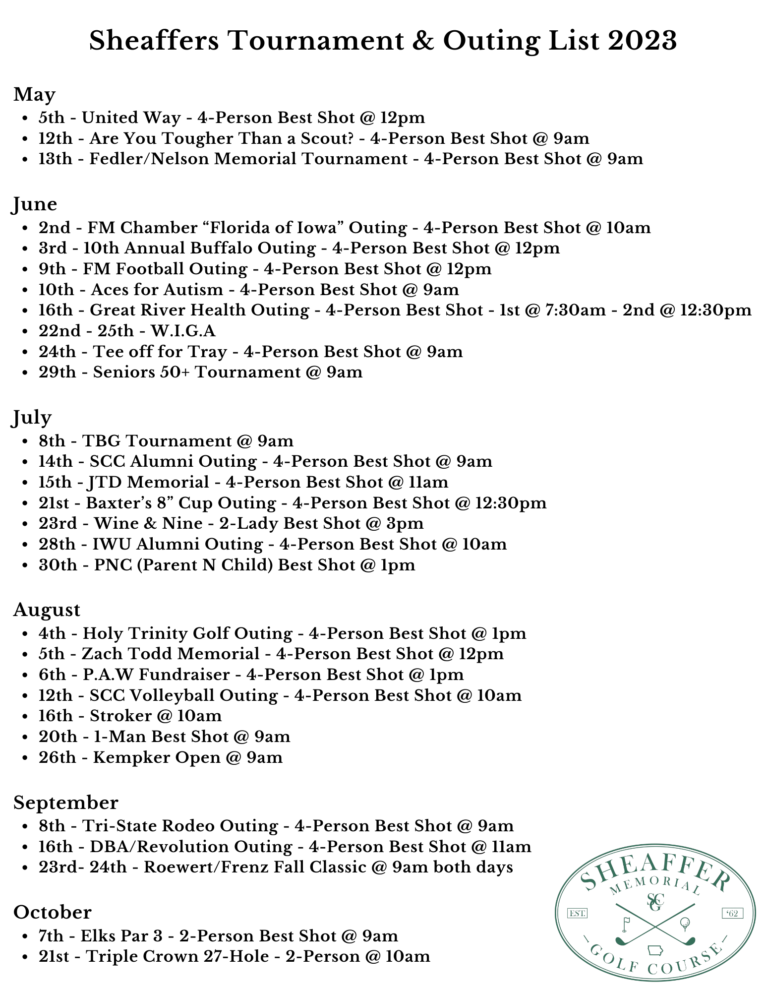 Sheaffer Memorial Golf Course | Tournaments - (2023) Sheaffer Memorial Golf Course Tournaments – (2023) Sheaffers Tournament & Outing List